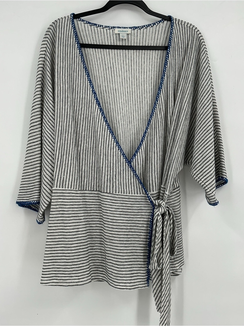 Sundance Blue Yarn Trim Striped Bohemian Wrap Top
